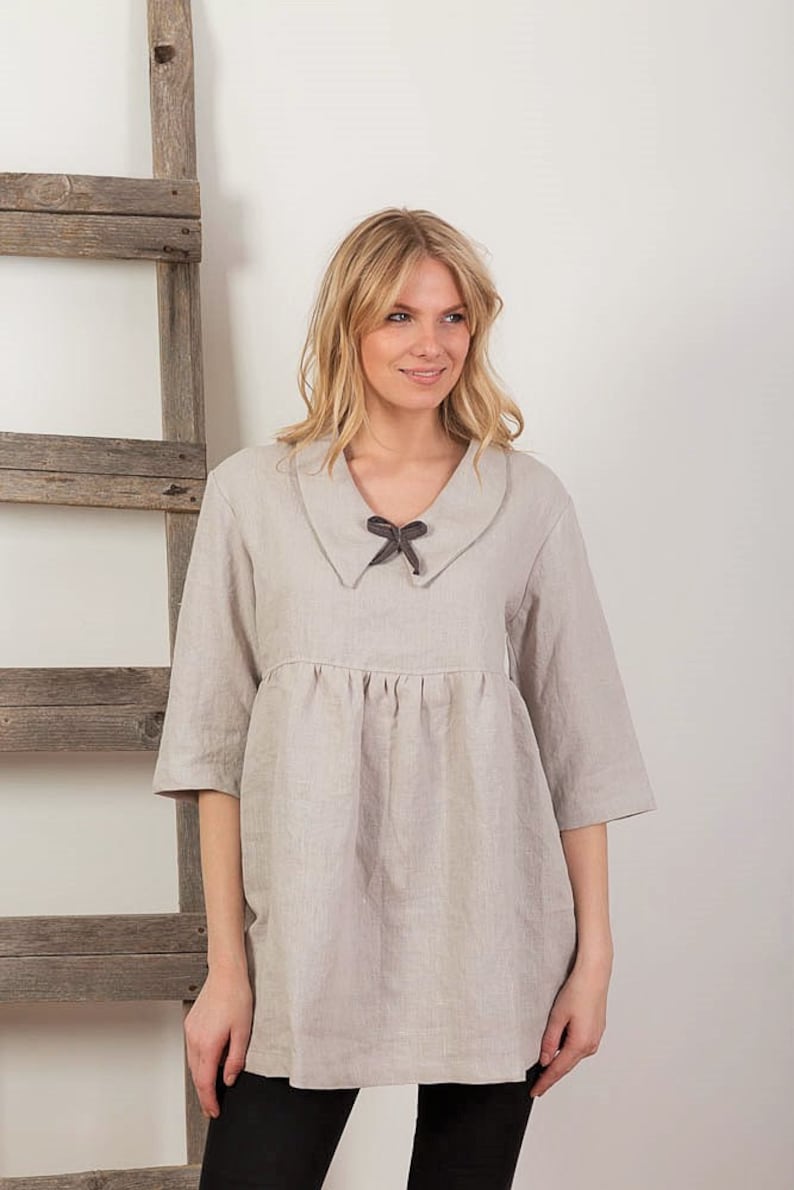Linen Tunic Loose Linen Blouse, Linen Baby Doll Blouse , Handmade Linen Tunic, Washed Linen Natural Flax Tunic image 3