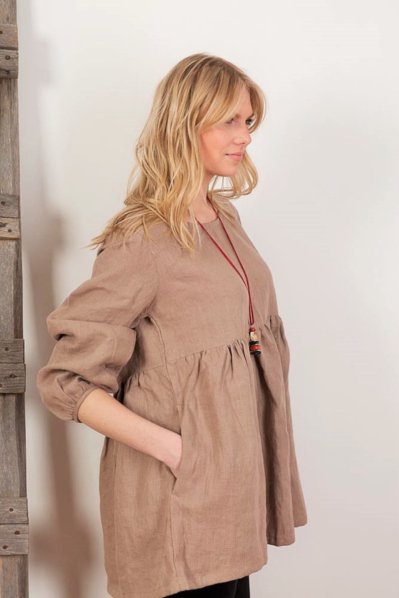 Linen Babydoll Blouse, Cappuccino Linen Tunic, Maternity, Women's Linen Clothing shops Washed Linen Natural Flax Tunic Handmade