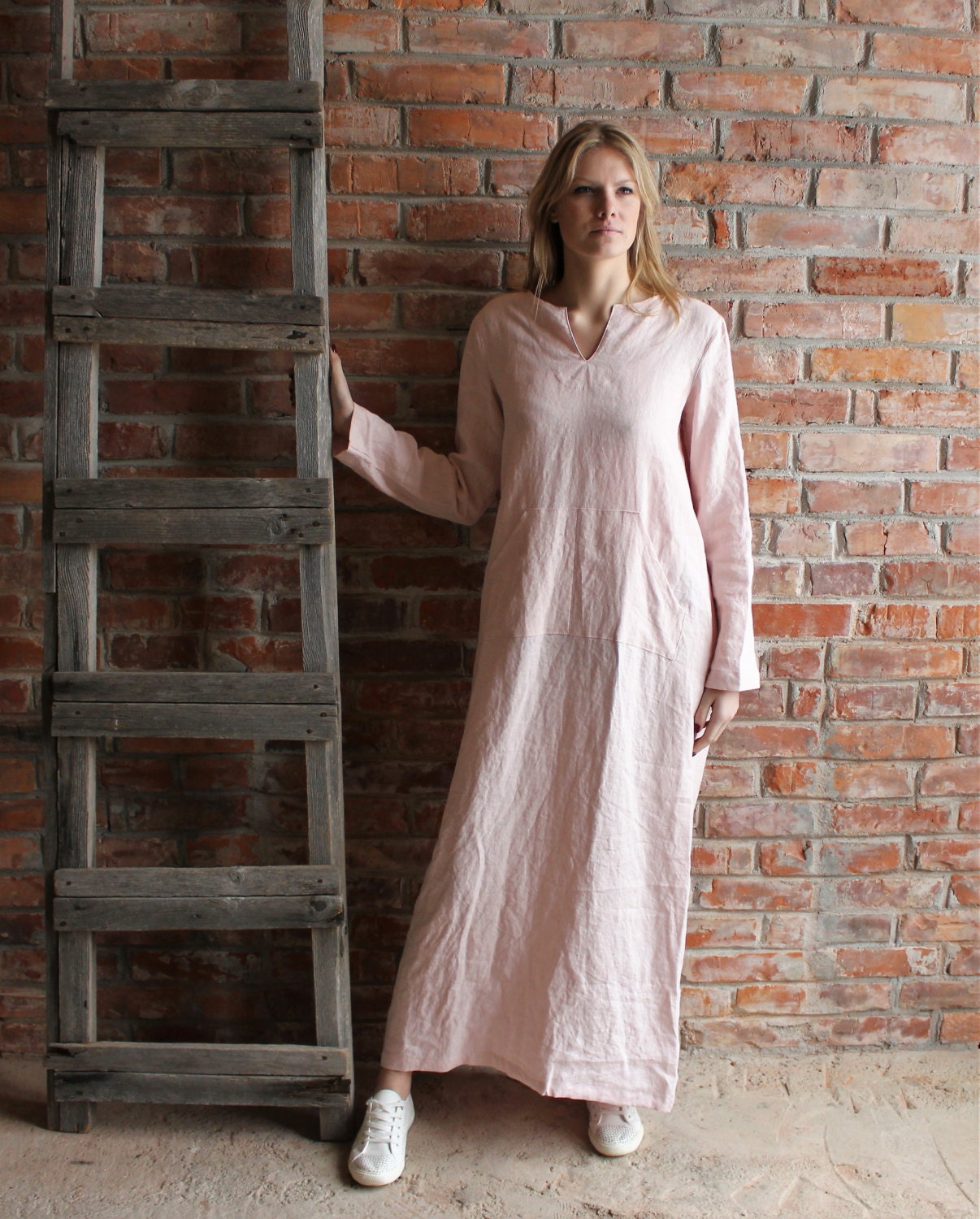 Linen Kaftan Womens Long Linen Robe Washed Pink Linen Caftan | Etsy