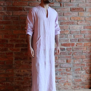 Mens Linen Kaftan Linen Caftan Man SPA Loungewear Long shirt Djellaba Light Pink  Homewear Linen Robe Linen Beach wear  Custom order