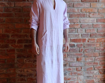 Herr Linne Kaftan Linne Kaftan Herr SPA Loungekläder Långskjorta Djellaba Ljusrosa Hemkläder Linnemorgon Linne Strandkläder Specialbeställning