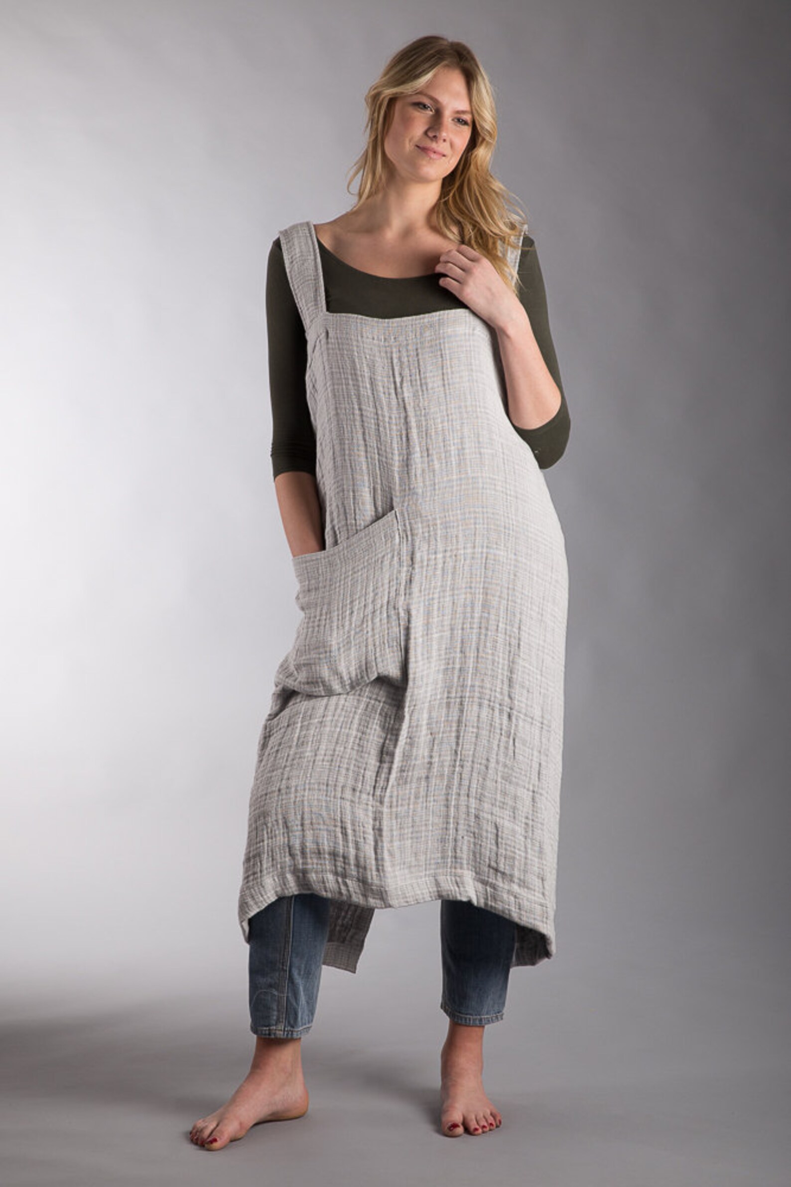 Linen Japanese Apron Dress Crumpled Linen Summer Pinafore Gray Etsy