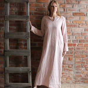 Ready to ship, Linen Caftan Linen Djellaba Womens Long Linen Robe Washed Pink Linen Caftan Long Sleeve dress Loose fit  Linen Smock Medium