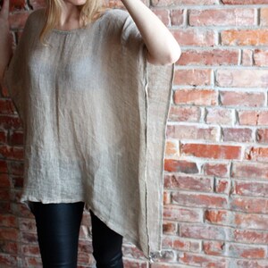 Lös linnetunika Överdimensionerad linnekaftan Linneponcho Strandklänning Damlinneoveraller Linneklänning Lös passform Tunika Linnesmock En storlek bild 4