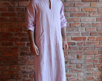 Linen Caftan Pink Mens Kaftan Loungewear Long shirt  Homewear Linen Robe Linen Beach wear  Custom order