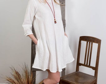 Linen Swing Dress White, Oversized Tunic, Womens Linen tunic, Casual dress, Long Linen top, Long sleeves, Handmade