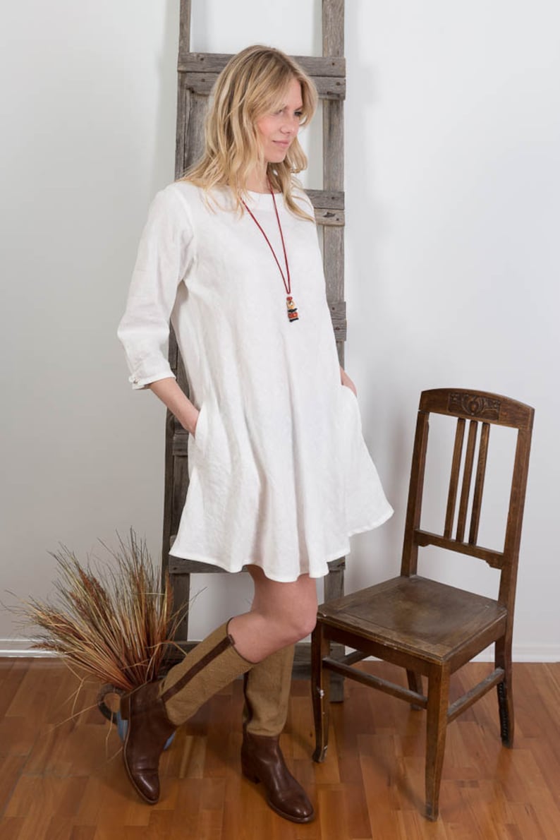 Linen Swing Dress White, Oversized Tunic, Womens Linen tunic, Casual dress, Long Linen top, Long sleeves, Handmade 