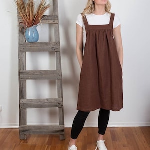 Leinen Overall Leinen Schürzenkleid gewaschen Leinen Sommer Trägerkleid braun Künstler Kittel japanischen Flachs Tunika auf Bestellung Plus Größe Schürze