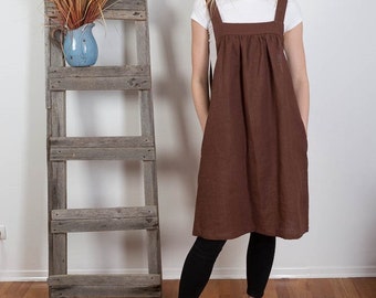 Linen Overalls  Linen Apron Dress  Washed Linen Summer Pinafore  Brown Artist Smock Japanese Apron  Flax Tunic Made to Order  Plus Size