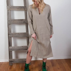 Linen Caftan Womens OwerallsLong Linen Robe Washed Linen Kaftan Long Sleeve dress  Flax Dress Loose fit Dress Linen Smock Custom order