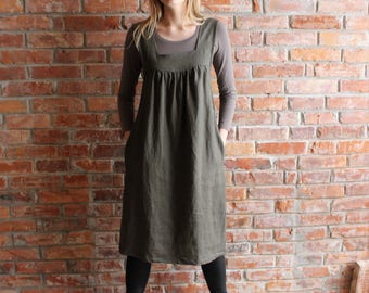 Linen Smock Linen Overalls  Prewashed Linen Jumper Summer Pinafore  Brown Artist Smock Japanese Apron  Flax Tunic Dress Made to Order