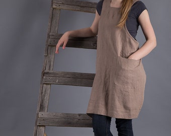 Linen Japanese Apron Dress Cappuchino Washed Linen Pinafore Linen Smock  Flax Apron Crossback Tunic Linen Artisan Pinny Made to order