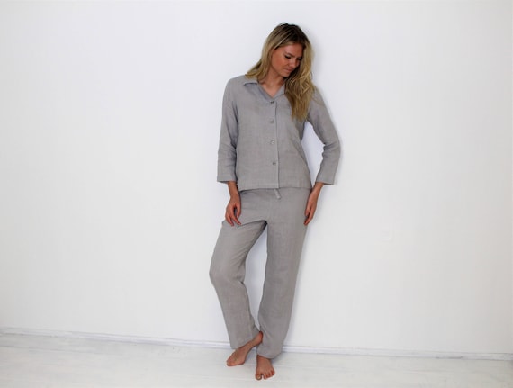 Leinen Schlafanzug, Damen Leinen Hose und Shirt, Pyjama, Damen Leinen Beachwear, leicht grau Leinen Pyjamas, Homewear, Leinen Freizeitbekleidung