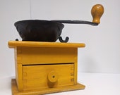 Antique wooden coffee grinder - W. H. Co. - yellow box wood w cast iron crank and basket - spice grinder, cafe