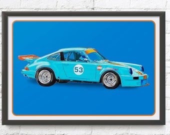 Porsche 911 race car art, vintage German car, Gulf Livery, 1970's auto