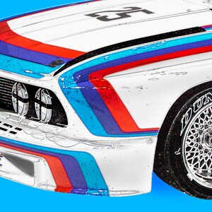 BMW 3.0 CSL Batmobile, Vintage German race car art, Winner of 1975 12 hours of Sebring, 1970's auto image 2