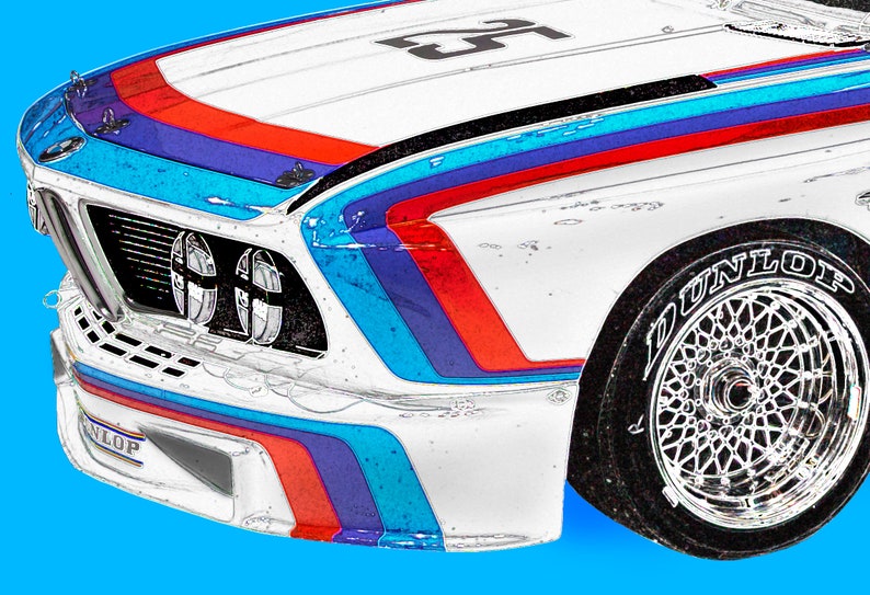 BMW 3.0 CSL Batmobile, Vintage German race car art, Winner of 1975 12 hours of Sebring, 1970's auto image 2