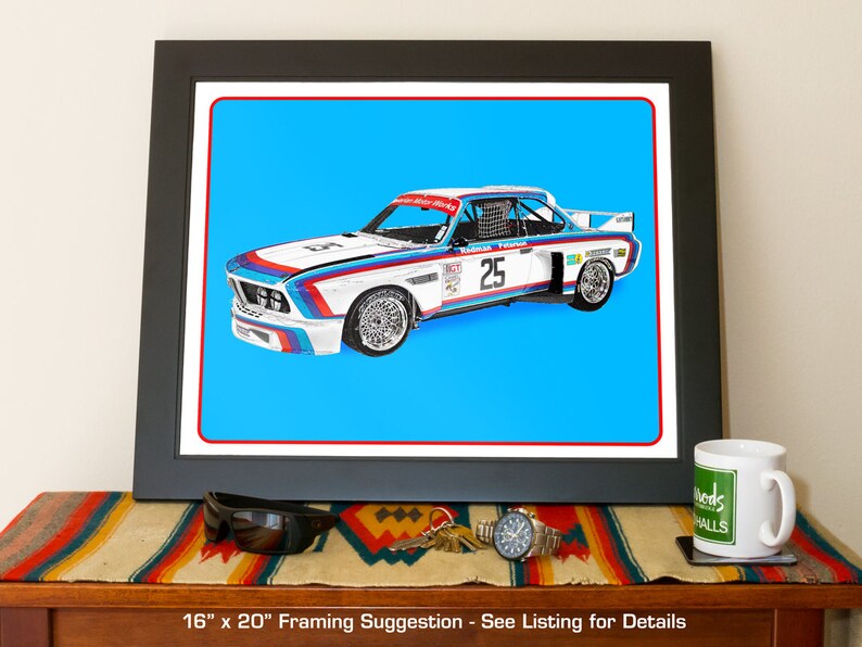 BMW 3.0 CSL Batmobile, Vintage German race car art, Winner of 1975 12 hours of Sebring, 1970's auto image 6