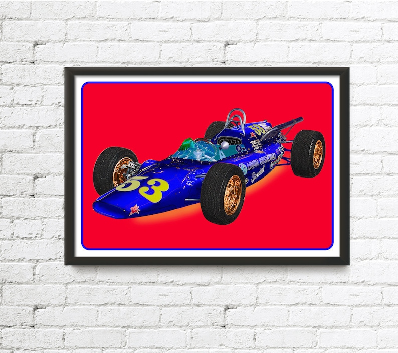 Indy 500 race car art, vintage British MG Liquid Suspension Special, 1964 Indianapolis 500, 1960's auto image 1