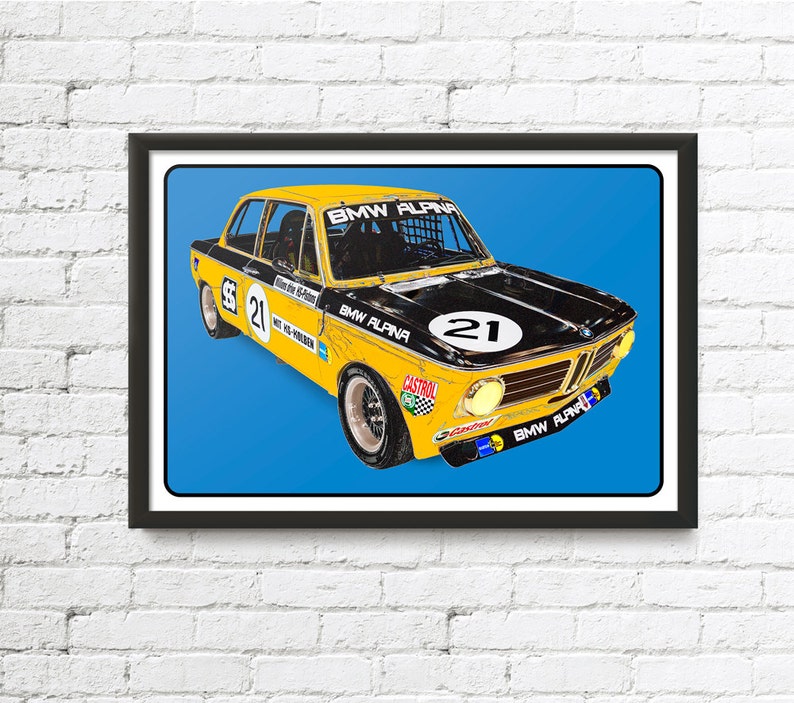 BMW Alpina 2002ti race car art, vintage race car, TRANS-AM series, 1970s auto image 1