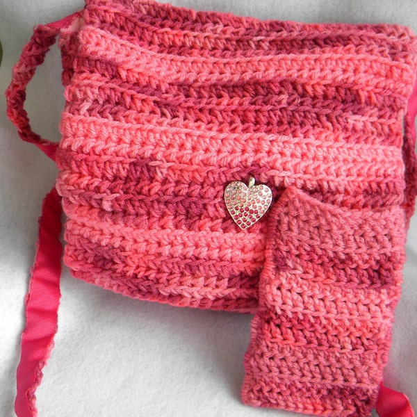 crochet pink variegated yarn striped iPad bag handbag messenger bag crossbody bag purse work bag with rhinestone heart charm
