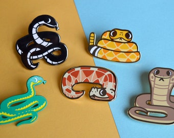 Venomous Snake Enamel Pins - King Cobra, Boomslang, Rattlesnake, Gaboon Viper, Black Mamba