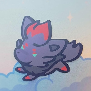 May include: A sticker depicting a cartoon character with a dark purple body, red accents, and green eyes. The character is lying down with its arms and legs extended. The sticker is set against a backdrop of clouds and a light blue sky.