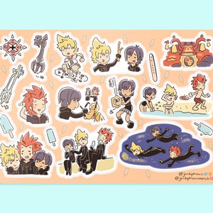 May include: A set of 16 colorful cartoon stickers featuring characters from the Kingdom Hearts video game series. The stickers feature various characters in different poses and settings, including a beach scene, a space scene, and a scene with a clock tower. The stickers are perfect for adding a touch of fun and whimsy to laptops, water bottles, notebooks, and other surfaces.