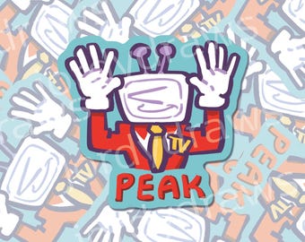 May include: A sticker featuring a cartoon character with a TV for a head, wearing a red suit and yellow tie. The character has white gloved hands raised in a greeting gesture. The word "PEAK" is written in red letters at the bottom.