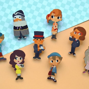 May include: A set of nine colorful cartoon character pins featuring a detective, a magician, a photographer, a girl with a teacup, a girl with a flower, a girl with a book, a boy with a hat, a boy with a suitcase, and a girl with a flower. The pins are made of wood and have a glossy finish.