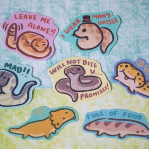 Könnte beinhalten: Satz von neun bunten Aufklebern mit Comic-Schlangen und Eidechsen mit verschiedenen Gesichtsausdrücken und Text. Die Aufkleber enthalten Sätze wie "Lass mich in Ruhe!" und "Ich beiße nicht, versprochen!"