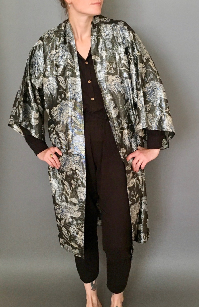 Metallic Floral Block Printed Silk Kimono Robe