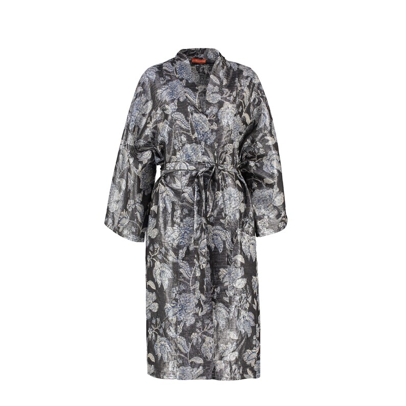 Metallic Floral Block Printed Silk Kimono Robe