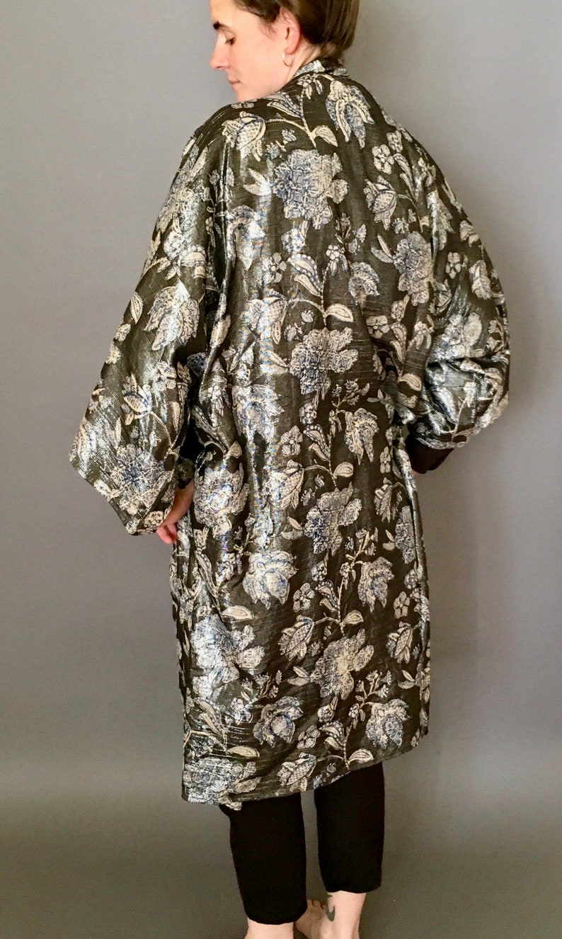 Metallic Floral Block Printed Silk Kimono Robe