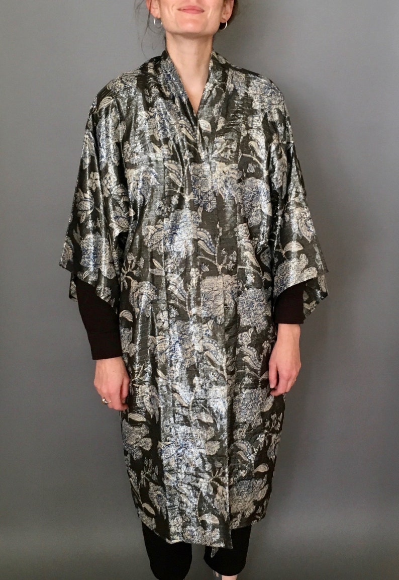 Metallic Floral Block Printed Silk Kimono Robe