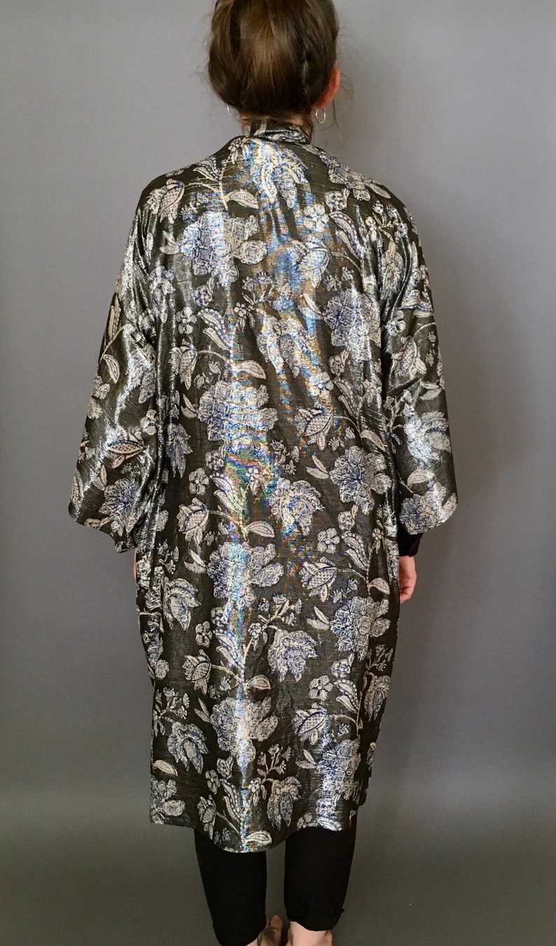 Metallic Floral Block Printed Silk Kimono Robe