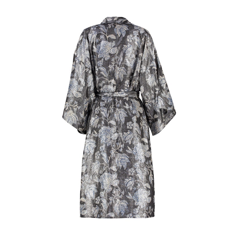 Metallic Floral Block Printed Silk Kimono Robe