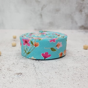 Handmade Single Fold Bias Binding Tape - 100% Cotton - Riley Blake Designs - Blue With Flowers - 25mm/1" Wide - Sold PER METRE or YARD