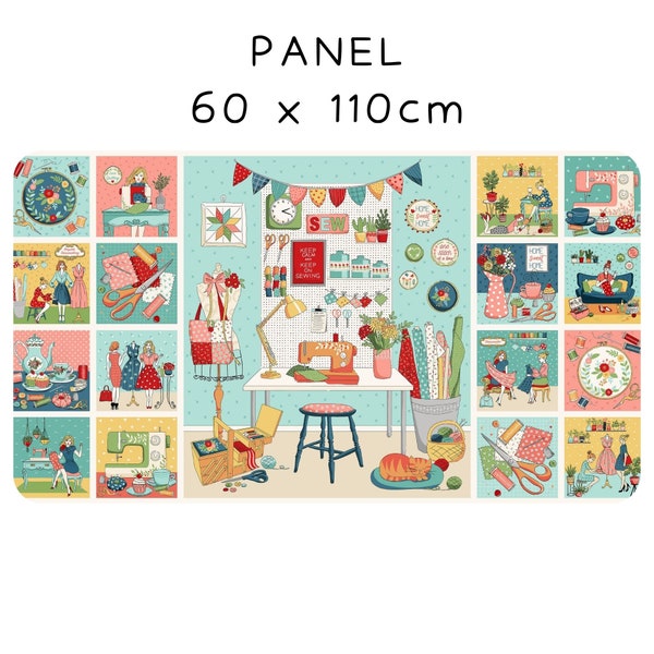 Makower-Stoff – Nähzimmer-Kollektion – 100 % Baumwolldruck – Panel 60 x 110 cm – SCHNELLER VERSAND