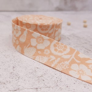 Handmade Bias Tape For Binding - Single or Double Fold - Elastic - Cotton - Orange With White Flowers - 25mm - Per METRE or YARD
