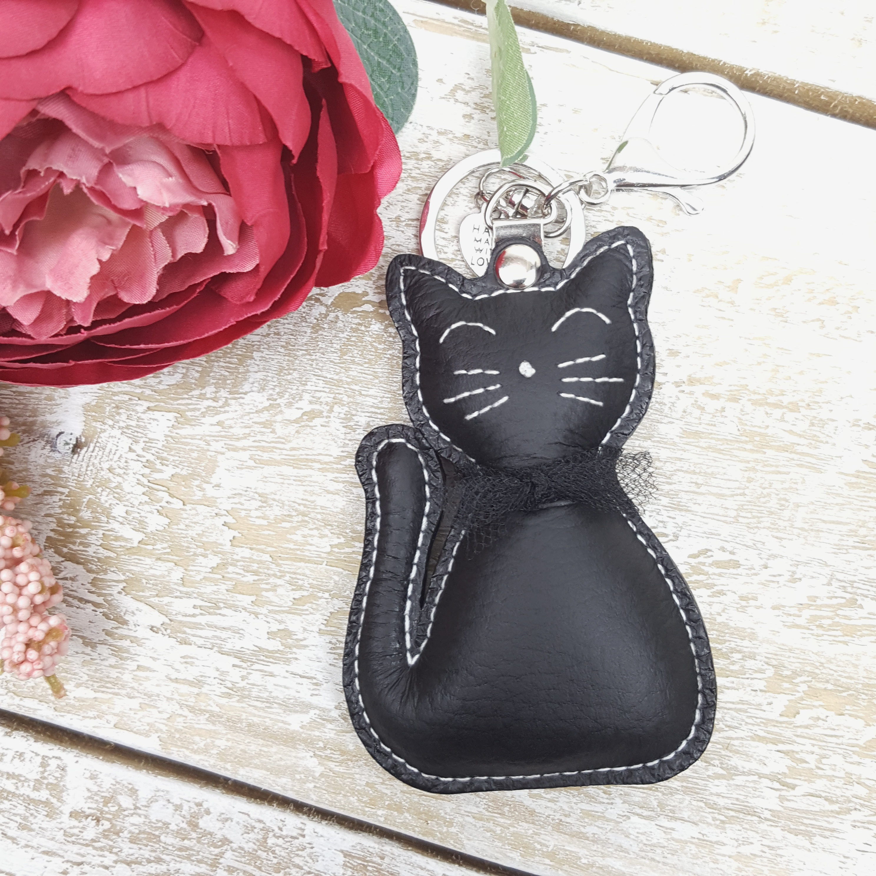 Black Cat Keychain Cat Leather Keyring Kitty Bag Pendant Etsy