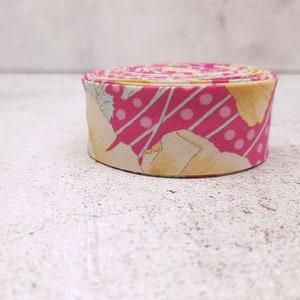 Elastic Bias Tape - Binding Tape - Handmade - 25mm/1" Wide - Tilda Fabric - Pink With Yellow Flowers - Pure Cotton - Sold Per METRE or YARD