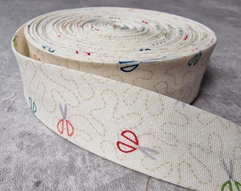 Handmade Binding Tape - Elastic Bias Tape - 100% Cotton - Makower - Cream With Sewing Pattern - 25mm / 1" Wide - Sold Per METRE or YARD