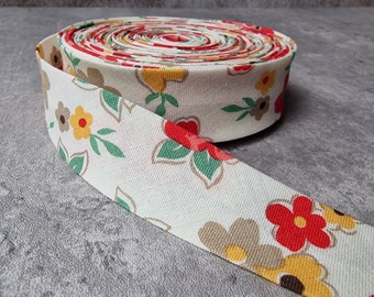 Schrägband zum Binden - Baumwolle - Elastisch - Riley Blake Designs- Weiß mit bunten Blumen - 25mm - Handgemacht - PRO METER oder YARD