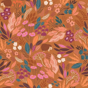 Dashwood Studio Fabric - Wild Collection - Flowers, Leaves, Hedgehogs On Brown - 100% Quilting Cotton - Fat Quarters - QUICK DISPATCH