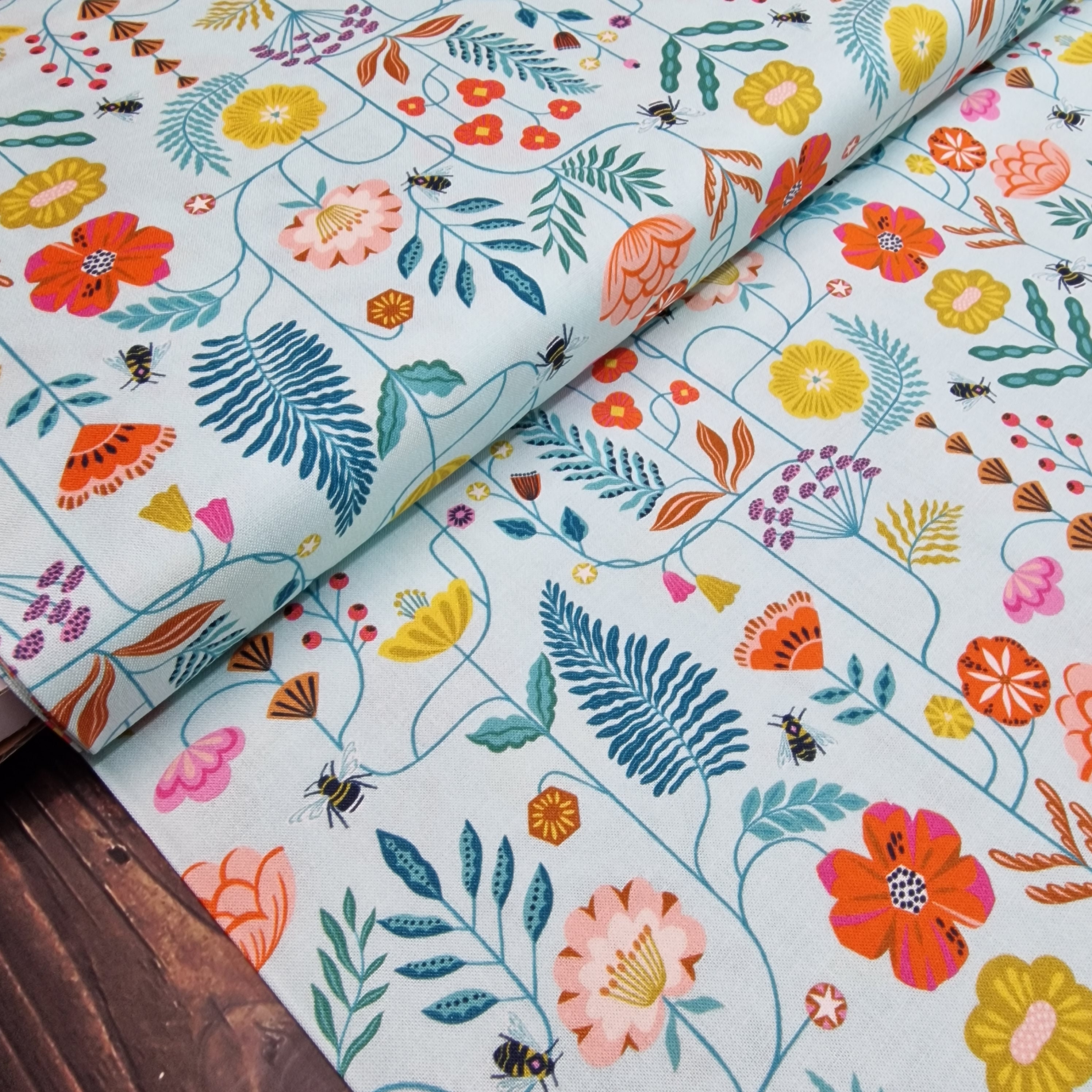 Dashwood Studio Fabric - Flutter By Collection - Flowers An Leaves On Blue- 100% Quilting Cotton - Fat Quarters - QUICK DISPATCH