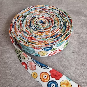 White Bias Binding Tape - Multicolour Buttons - Handmade - Single or Double Fold - 100% Cotton - 25mm/1&quot; Wide - Sold PER METRE or YARD