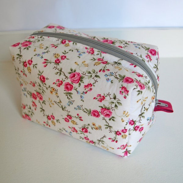 Bilden Sie mit Reißverschluss Box Beutel - weiß mit rosa und gelben Blumen und Rosa linning