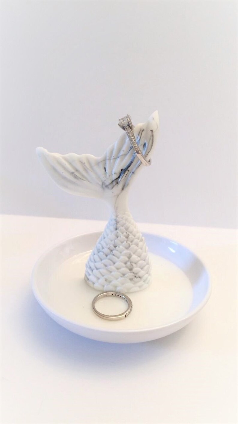 White Collection Crystal Teal or Marble Effect Mermaid Tail Ring Holder