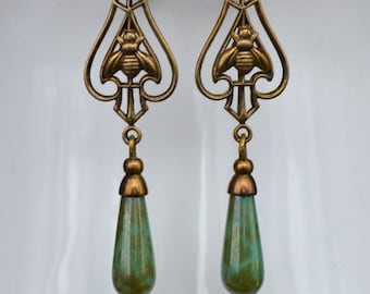 Art Nouveau, Art Deco Bee Earrings, Turquoise Green & Gold Glass Drop Earrings, Antiqued Gold Brass Earrings